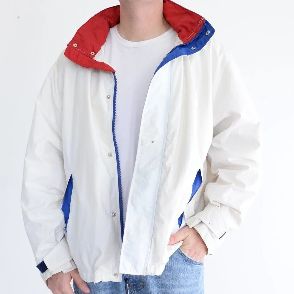Vintage Y2K Tommy Hilfiger White Full Zip Windbreaker w Hidden Hood Size  Large - Picture 3 of 15